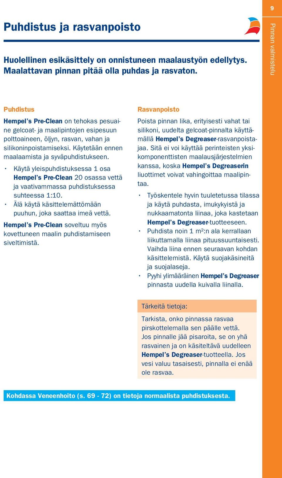 Käytetään ennen maalaamista ja syväpuhdistukseen. Käytä yleispuhdistuksessa 1 osa Hempel s Pre-Clean 20 osassa vettä ja vaativammassa puhdistuksessa suhteessa 1:10.