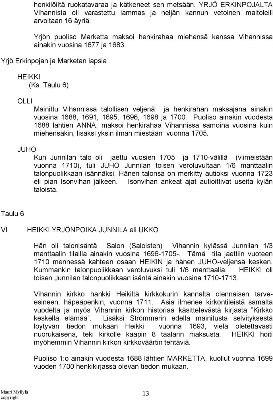 Taulu 6) OLLI Mainittu Vihannissa talollisen veljenä ja henkirahan maksajana ainakin vuosina 1688, 1691, 1695, 1696, 1698 ja 1700.