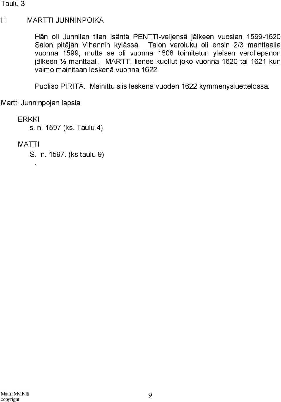 Talon veroluku oli ensin 2/3 manttaalia vuonna 1599, mutta se oli vuonna 1608 toimitetun yleisen verollepanon jälkeen ½ manttaali.