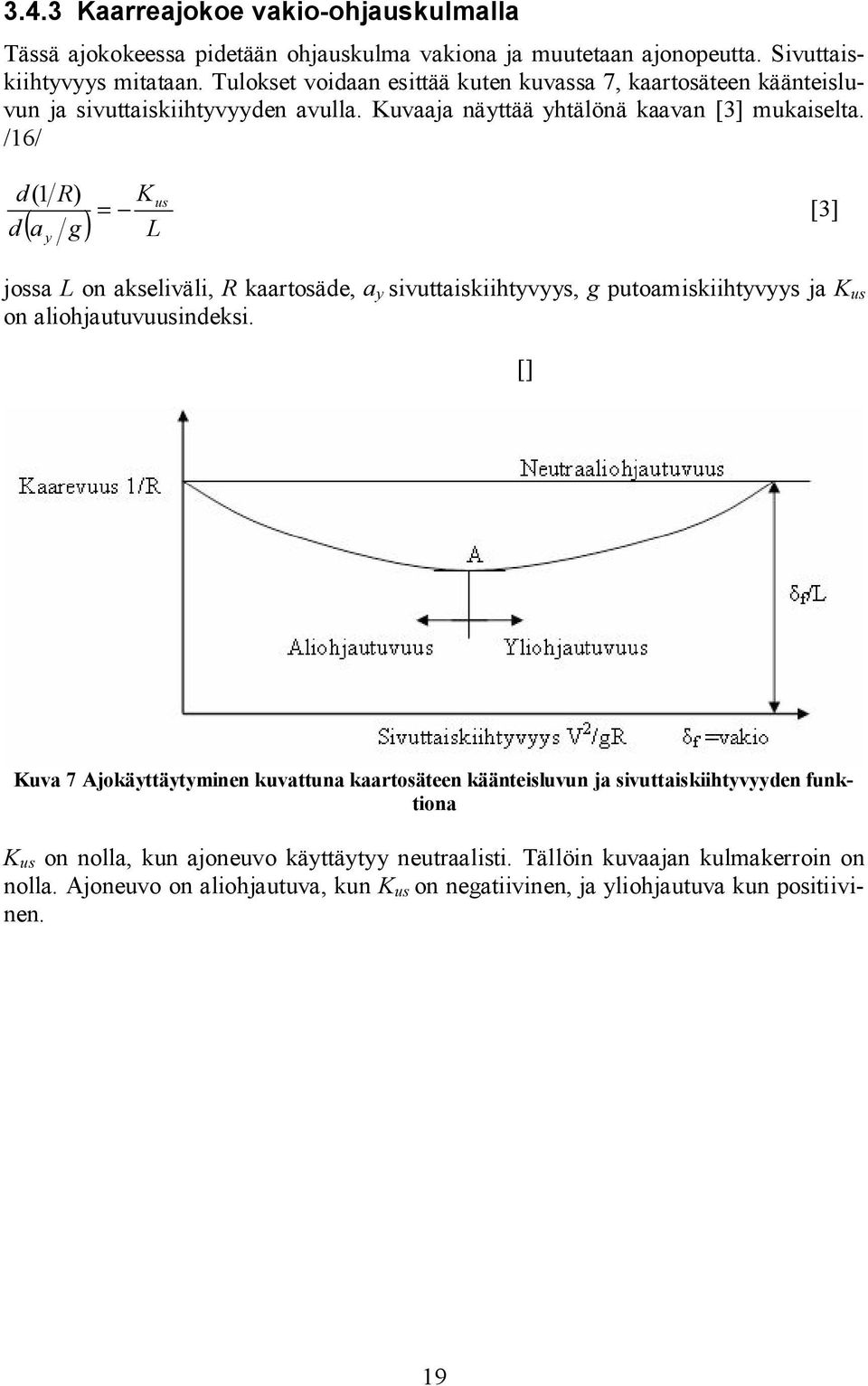 /16/ d(1 R) d K = ( a g) L y us [3] jossa L on akseliväli, R kaartosäde, a y sivuttaiskiihtyvyys, g putoamiskiihtyvyys ja K us on aliohjautuvuusindeksi.