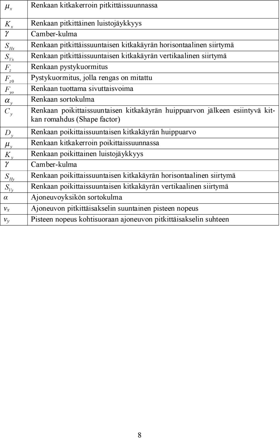 poikittaissuuntaisen kitkakäyrän huippuarvon jälkeen esiintyvä kitkan romahdus (Shape factor) D y Renkaan poikittaissuuntaisen kitkakäyrän huippuarvo µ y Renkaan kitkakerroin poikittaissuunnassa K