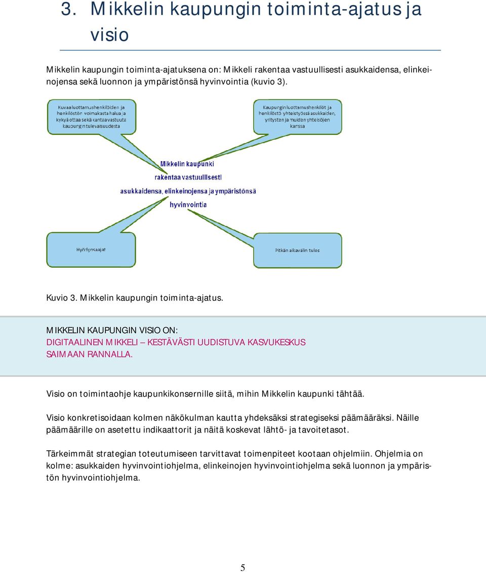 Visio on toimintaohje kaupunkikonsernille siitä, mihin Mikkelin kaupunki tähtää. Visio konkretisoidaan kolmen näkökulman kautta yhdeksäksi strategiseksi päämääräksi.