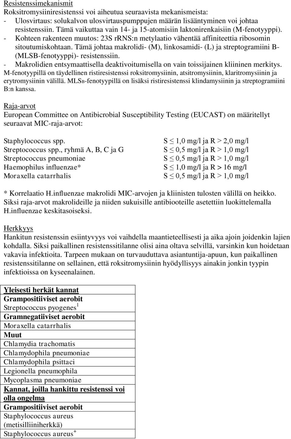 Tämä johtaa makrolidi- (M), linkosamidi- (L) ja streptogramiini B- (MLSB-fenotyyppi)- resistenssiin. - Makrolidien entsymaattisella deaktivoitumisella on vain toissijainen kliininen merkitys.