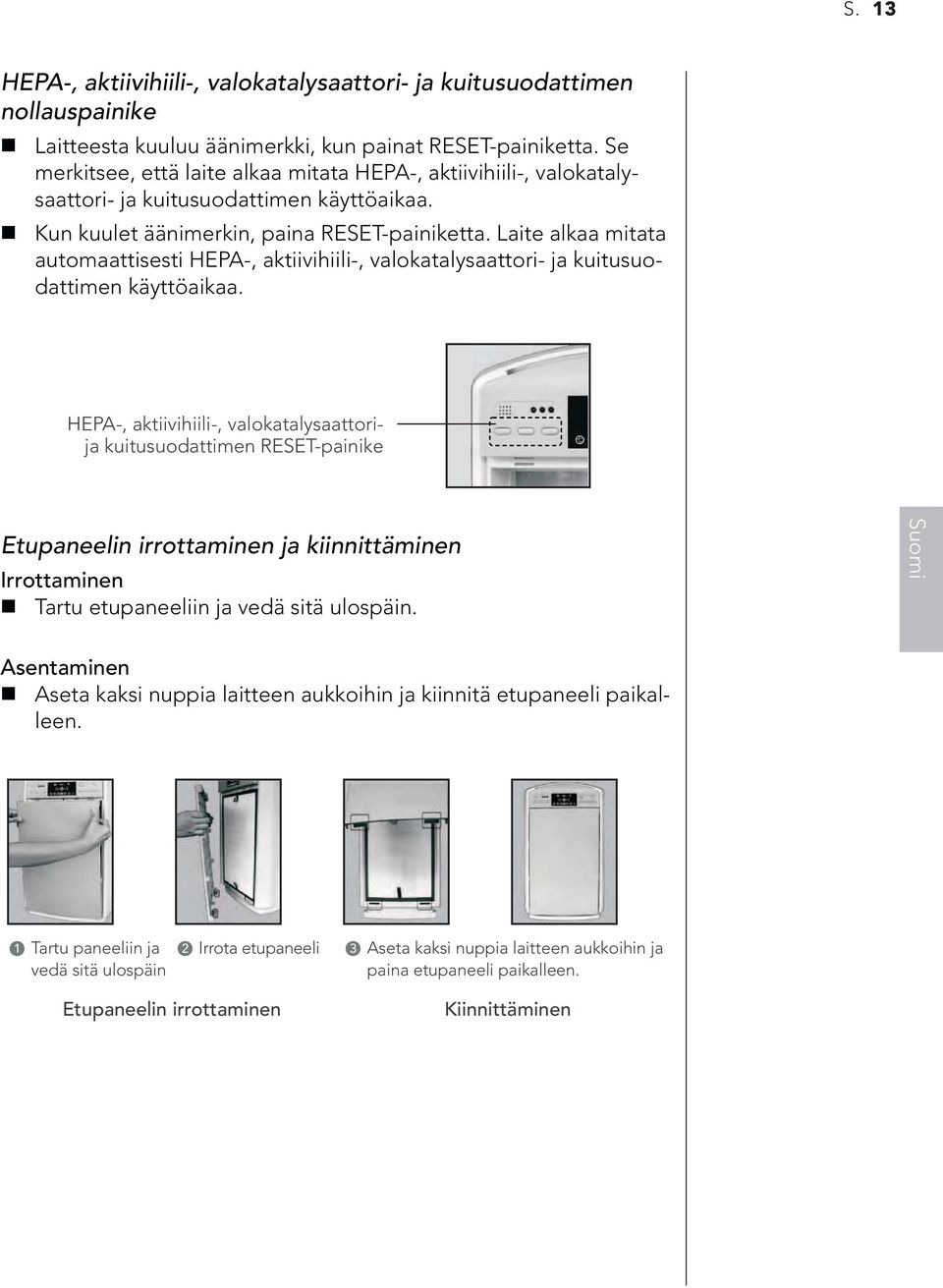 Laite alkaa mitata automaattisesti HEPA-, aktiivihiili-, valokatalysaattori- ja kuitusuodattimen käyttöaikaa.