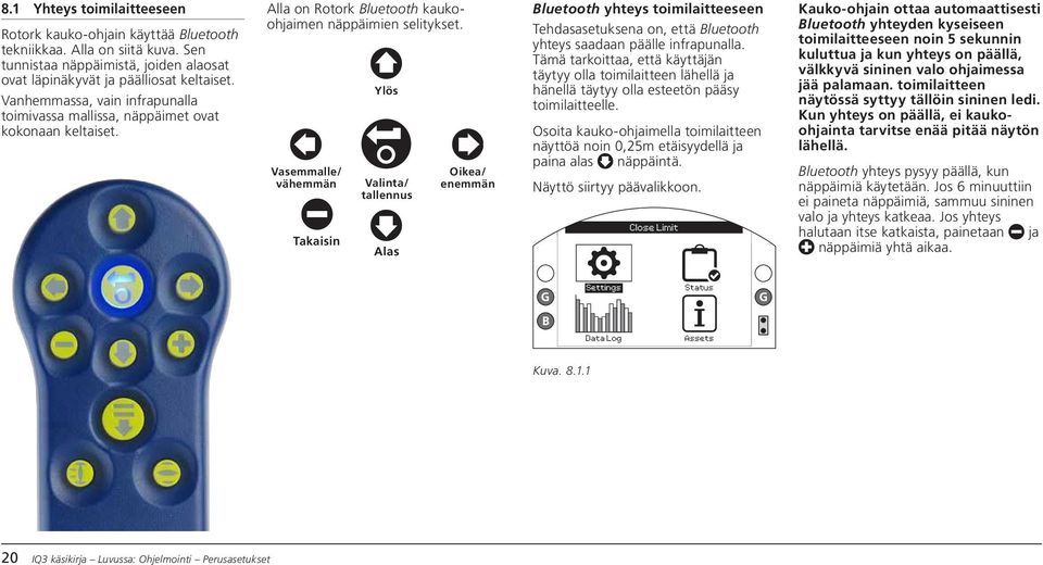 Vasemmalle/ vähemmän Takaisin Ylös Valinta/ tallennus Alas Oikea/ enemmän Bluetooth yhteys toimilaitteeseen Tehdasasetuksena on, että Bluetooth yhteys saadaan päälle infrapunalla.