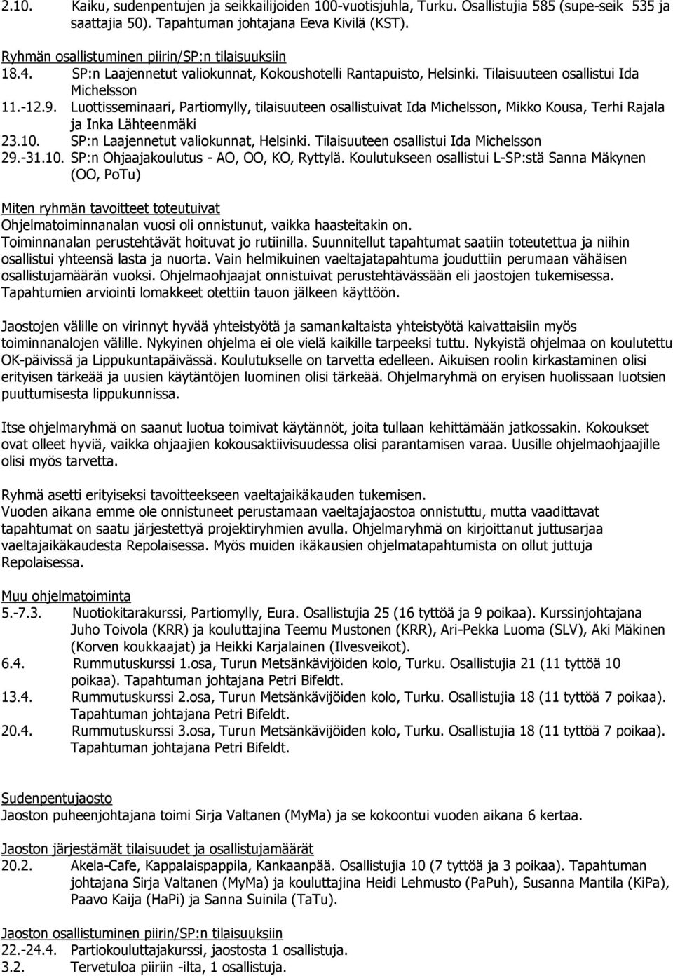 Luottisseminaari, Partiomylly, tilaisuuteen osallistuivat Ida Michelsson, Mikko Kousa, Terhi Rajala ja Inka Lähteenmäki 23.10. SP:n Laajennetut valiokunnat, Helsinki.