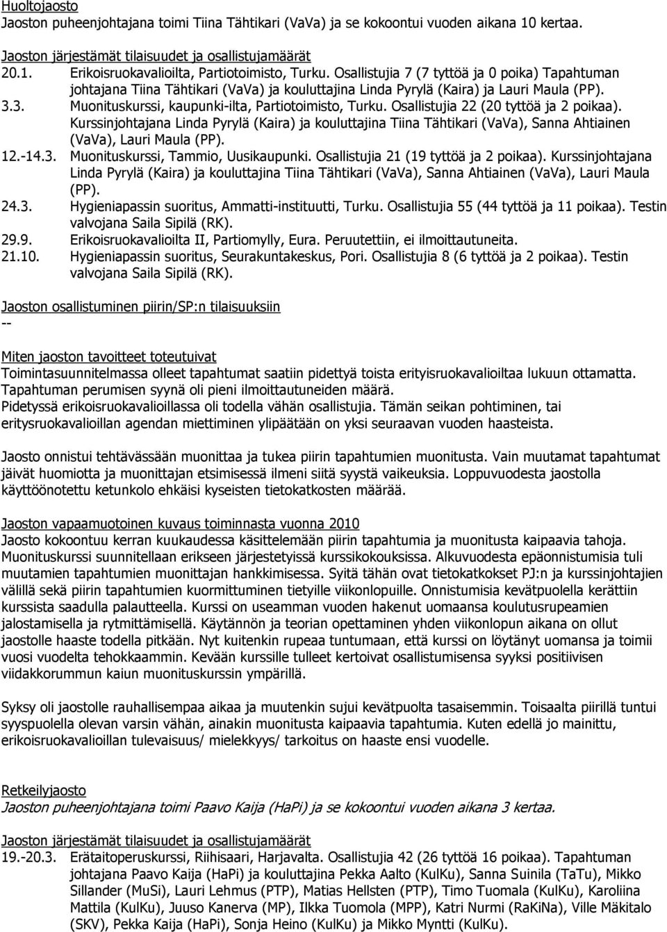 Osallistujia 22 (20 tyttöä ja 2 poikaa). Kurssinjohtajana Linda Pyrylä (Kaira) ja kouluttajina Tiina Tähtikari (VaVa), Sanna Ahtiainen (VaVa), Lauri Maula (PP). 12.-14.3.