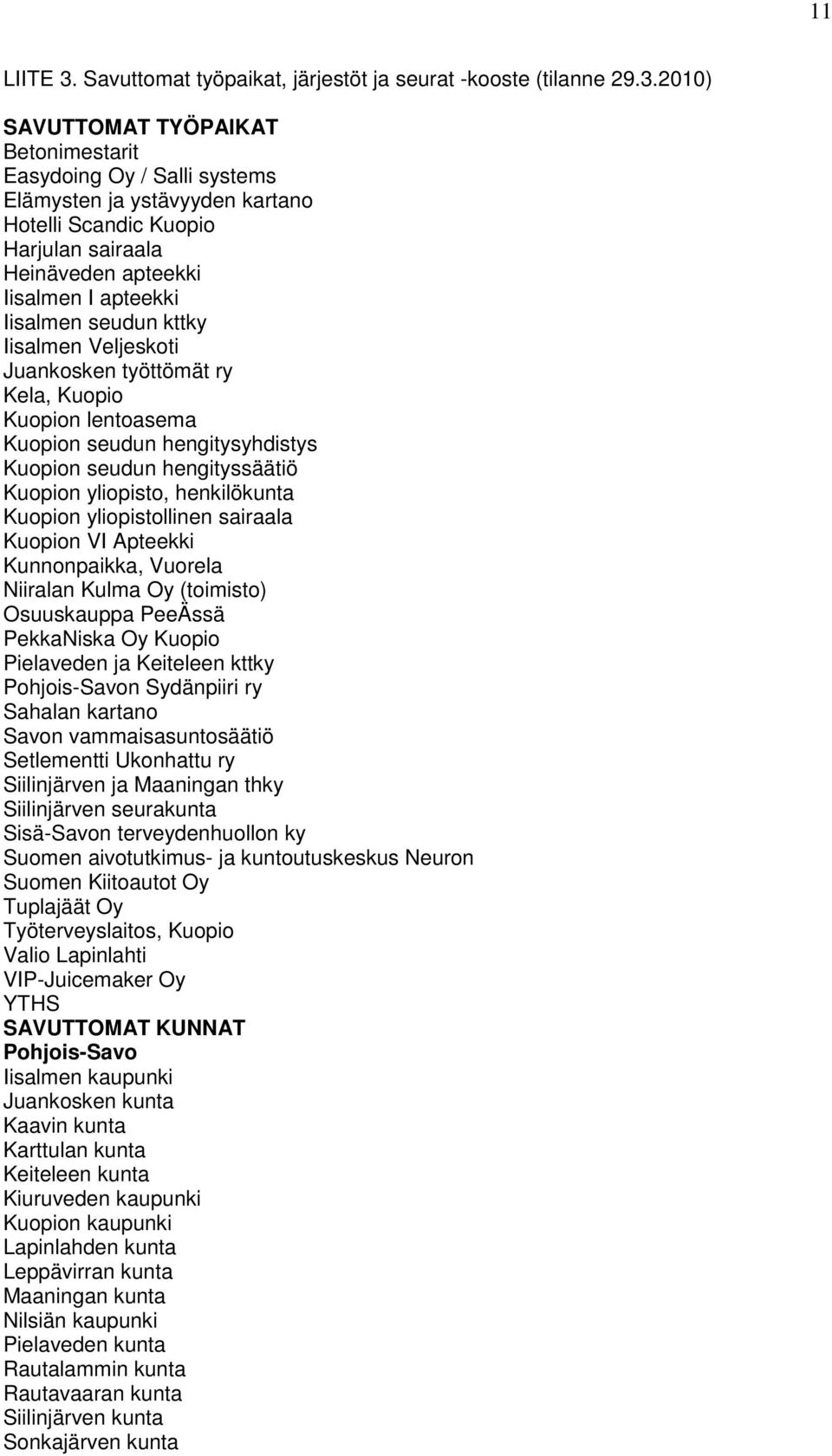 2010) SAVUTTOMAT TYÖPAIKAT Betonimestarit Easydoing Oy / Salli systems Elämysten ja ystävyyden kartano Hotelli Scandic Kuopio Harjulan sairaala Heinäveden apteekki Iisalmen I apteekki Iisalmen seudun