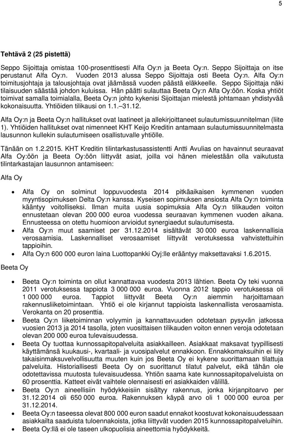 Koska yhtiöt toimivat samalla toimialalla, Beeta Oy:n johto kykenisi Sijoittajan mielestä johtamaan yhdistyvää kokonaisuutta. Yhtiöiden tilikausi on 1.1. 31.12.