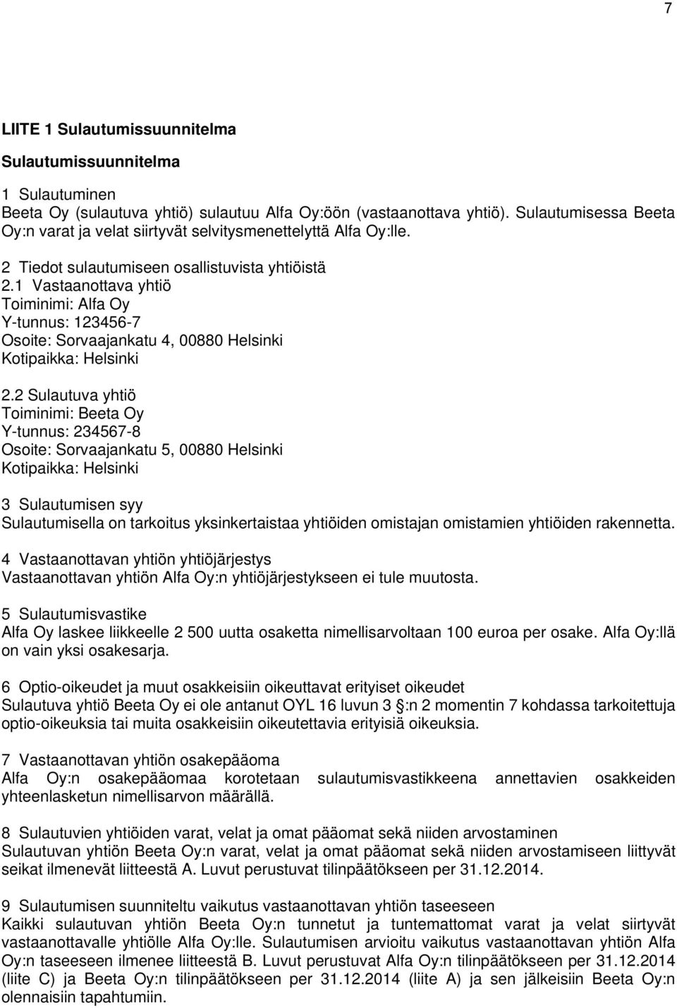 1 Vastaanottava yhtiö Toiminimi: Alfa Oy Y-tunnus: 123456-7 Osoite: Sorvaajankatu 4, 00880 Helsinki Kotipaikka: Helsinki 2.