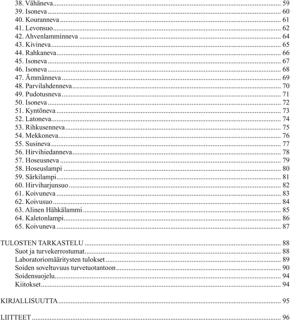 Hoseusneva... 79 58. Hoseuslampi... 80 59. Särkilampi... 81 60. Hirviharjunsuo... 82 61. Koivuneva... 83 62. Koivusuo... 84 63. Alinen Hähkälammi... 85 64. Kaletonlampi... 86 65. Koivuneva... 87 TULOSTEN TARKASTELU.