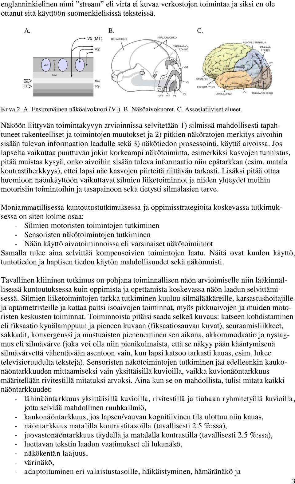 Näköön liittyvän toimintakyvyn arvioinnissa selvitetään 1) silmissä mahdollisesti tapahtuneet rakenteelliset ja toimintojen muutokset ja 2) pitkien näköratojen merkitys aivoihin sisään tulevan