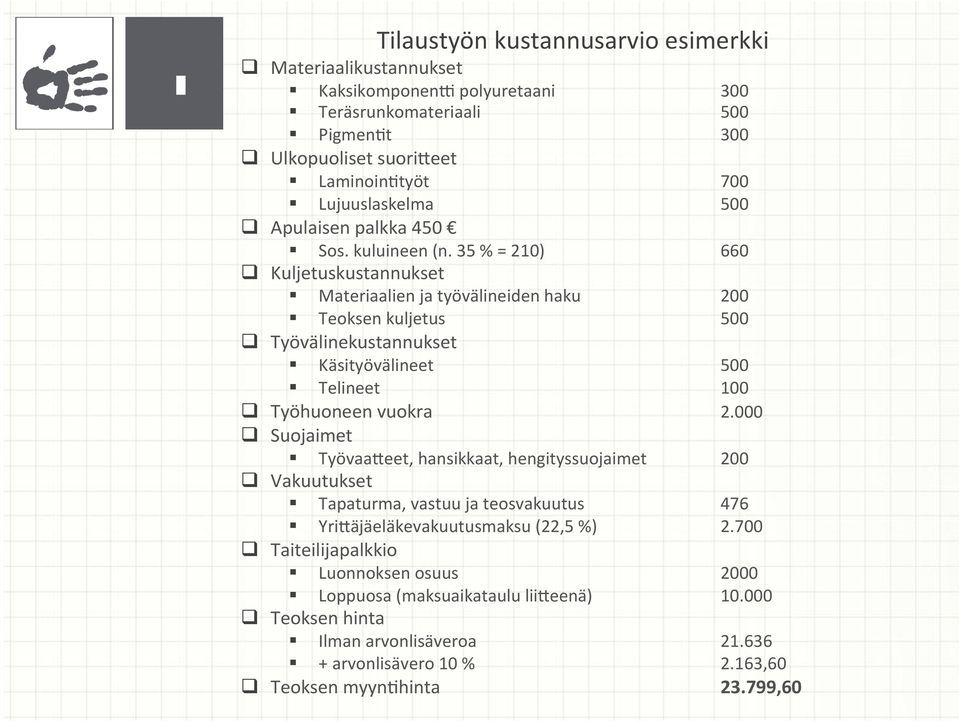 35 % = 210) 660 q Kuljetuskustannukset Materiaalien ja työvälineiden haku 200 Teoksen kuljetus 500 q Työvälinekustannukset Käsityövälineet 500 Telineet 100 q Työhuoneen vuokra 2.