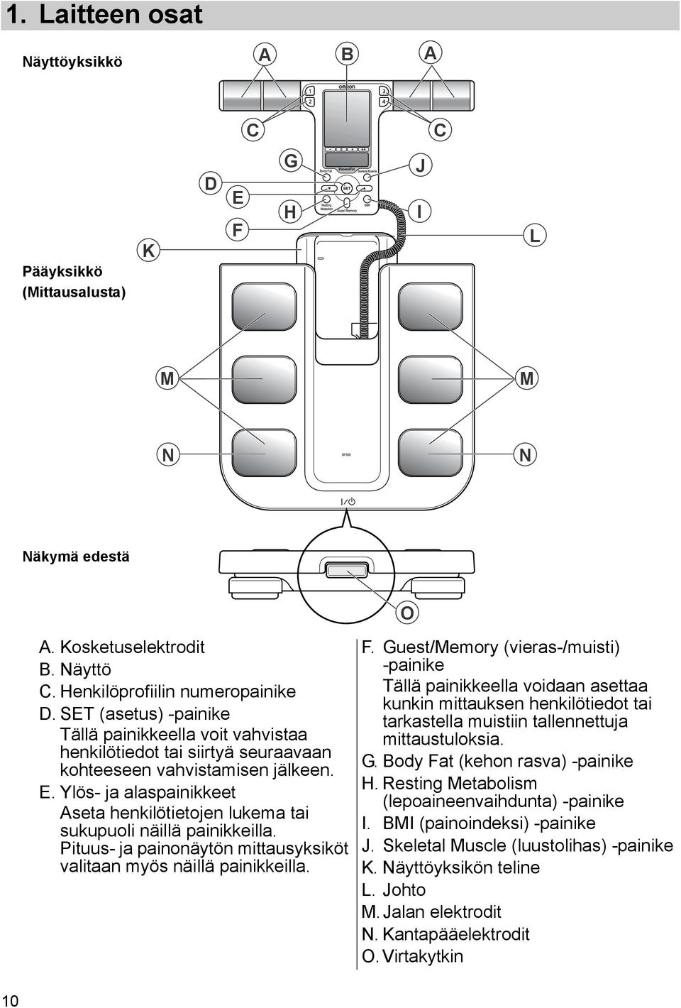 Ylös- ja alaspainikkeet Aseta henkilötietojen lukema tai sukupuoli näillä painikkeilla. Pituus- ja painonäytön mittausyksiköt valitaan myös näillä painikkeilla. F.