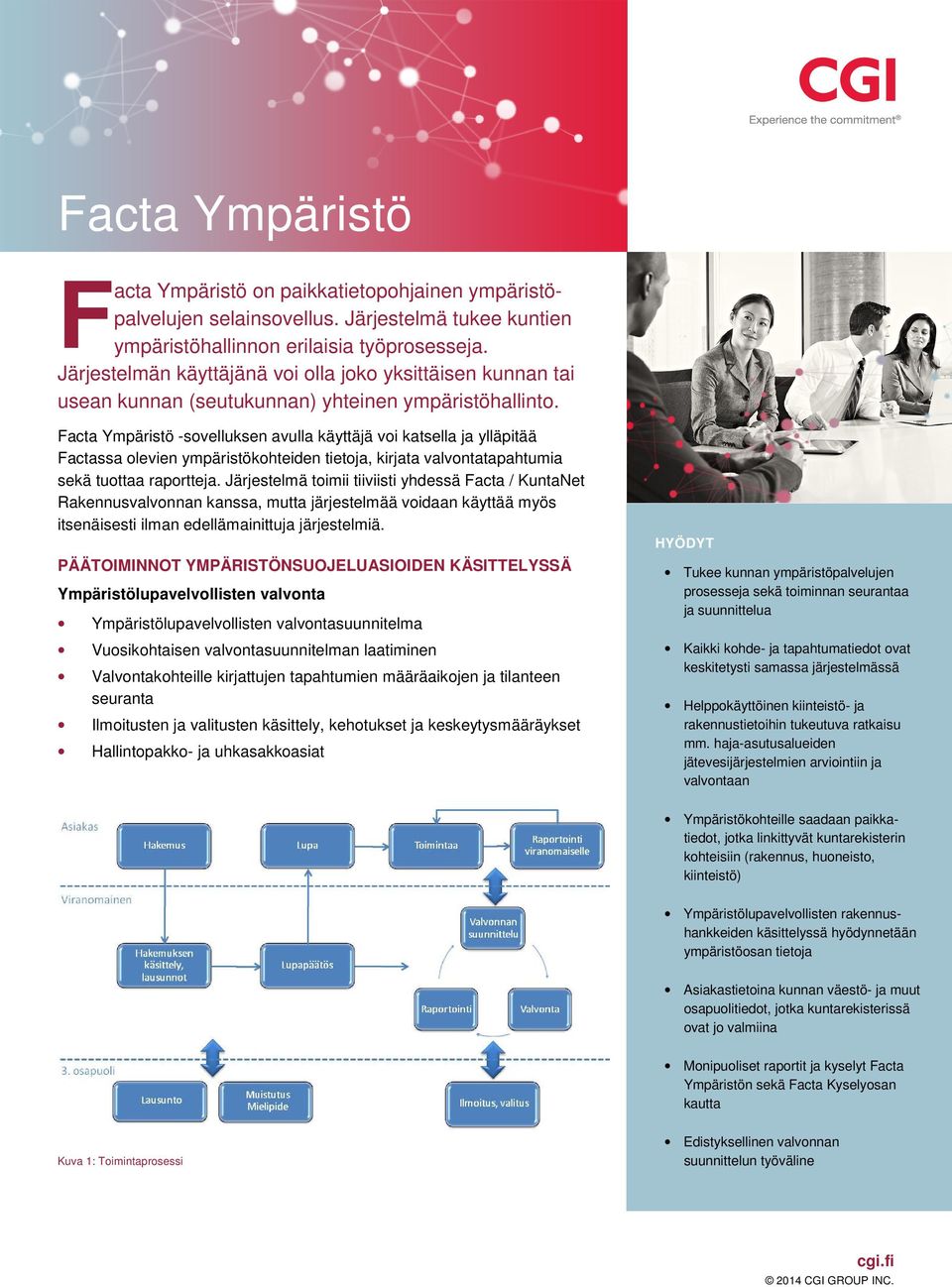 Facta Ympäristö -sovelluksen avulla käyttäjä voi katsella ja ylläpitää Factassa olevien ympäristökohteiden tietoja, kirjata valvontatapahtumia sekä tuottaa raportteja.