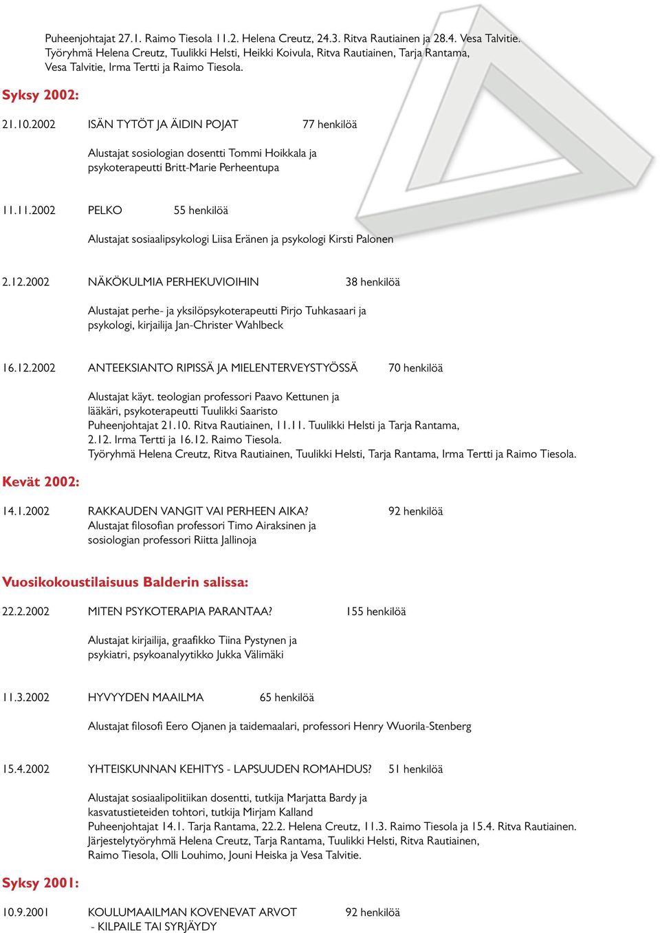 2002 ISÄN TYTÖT JA ÄIDIN POJAT 77 henkilöä Alustajat sosiologian dosentti Tommi Hoikkala ja psykoterapeutti Britt-Marie Perheentupa 11.