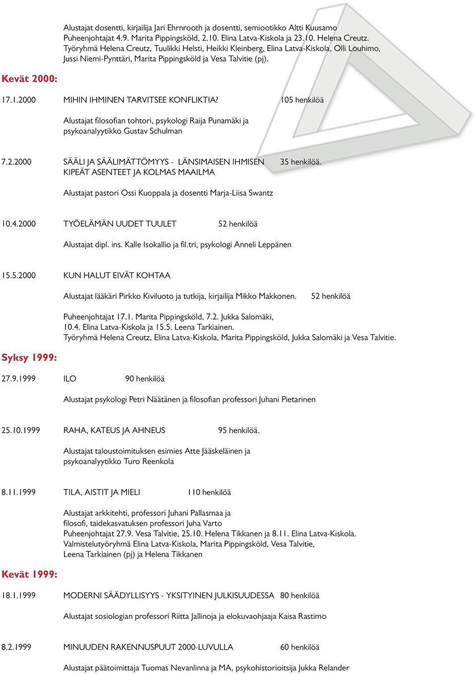 .1.2000 MIHIN IHMINEN TARVITSEE KONFLIKTIA? 105 henkilöä Alustajat filosofian tohtori, psykologi Raija Punamäki ja psykoanalyytikko Gustav Schulman 7.2.2000 SÄÄLI JA SÄÄLIMÄTTÖMYYS - LÄNSIMAISEN IHMISEN 35 henkilöä.