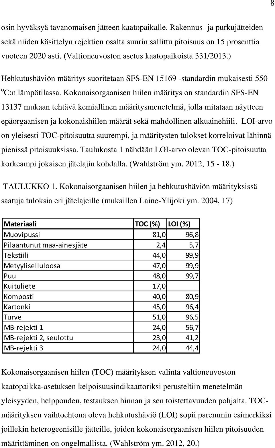 Kokonaisorgaanisen hiilen määritys on standardin SFS-EN 13137 mukaan tehtävä kemiallinen määritysmenetelmä, jolla mitataan näytteen epäorgaanisen ja kokonaishiilen määrät sekä mahdollinen