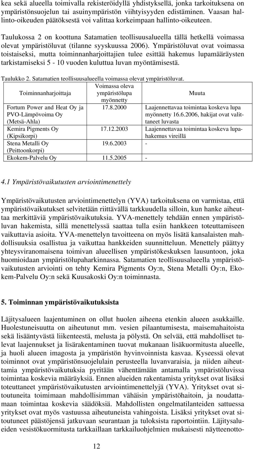 Taulukossa 2 on koottuna Satamatien teollisuusalueella tällä hetkellä voimassa olevat ympäristöluvat (tilanne syyskuussa 2006).