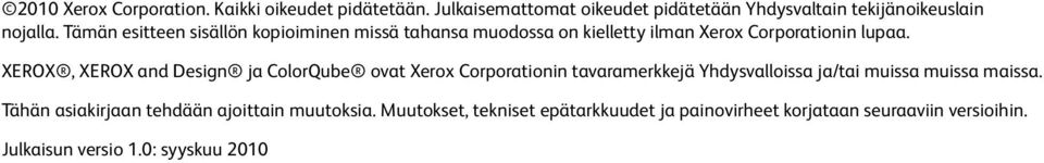 XEROX, XEROX and Design ja ColorQube ovat Xerox Corporationin tavaramerkkejä Yhdysvalloissa ja/tai muissa muissa maissa.