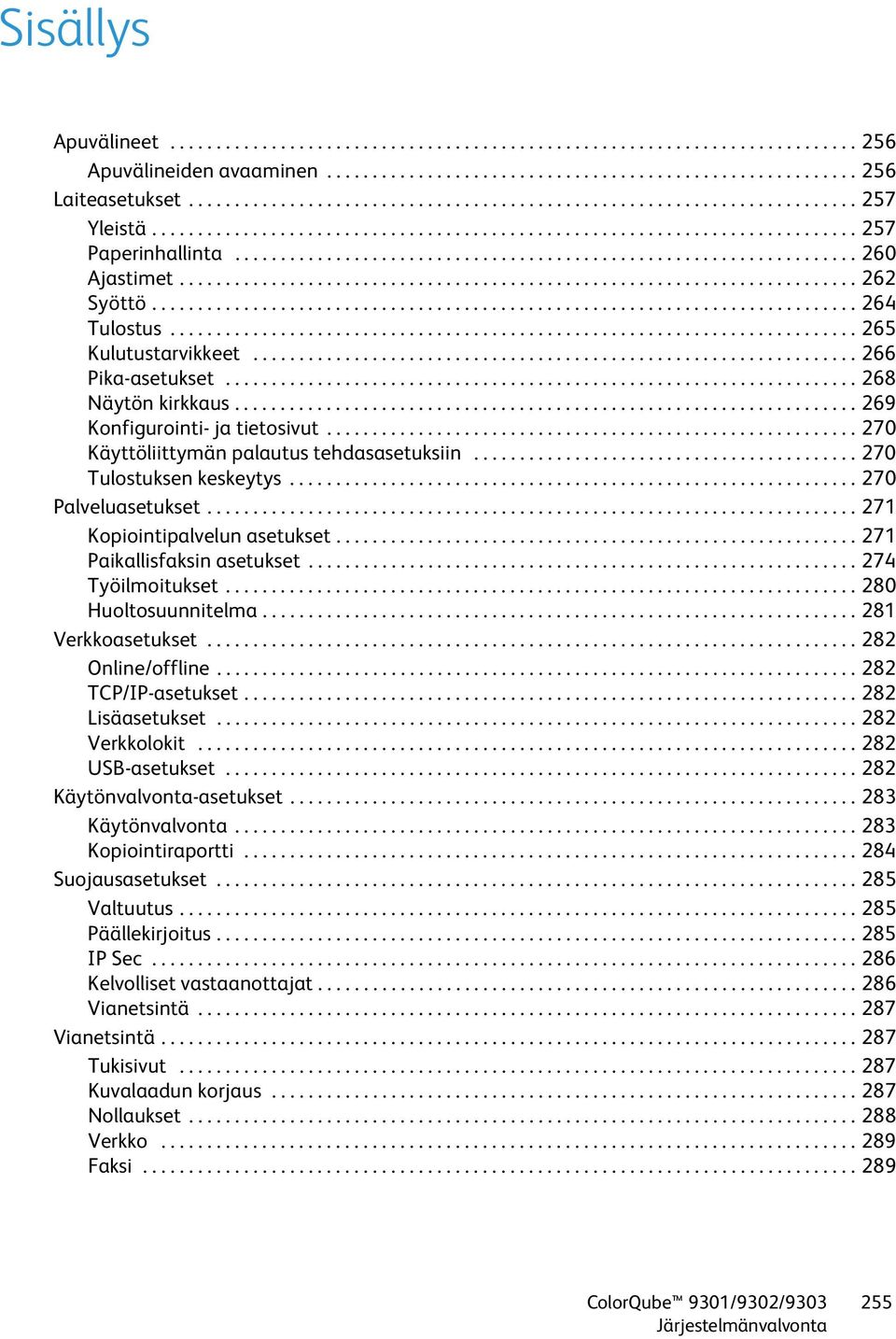 ......................................................................... 262 Syöttö............................................................................. 264 Tulostus........................................................................... 265 Kulutustarvikkeet.