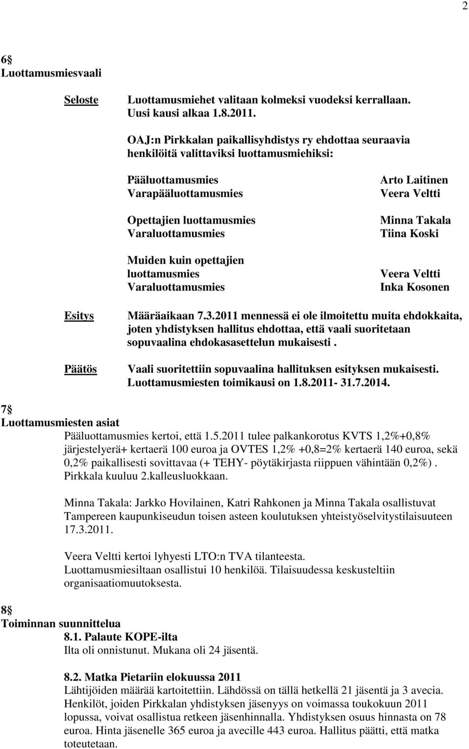 opettajien luottamusmies Varaluottamusmies Arto Laitinen Veera Veltti Minna Takala Tiina Koski Veera Veltti Inka Kosonen Päätös Määräaikaan 7.3.