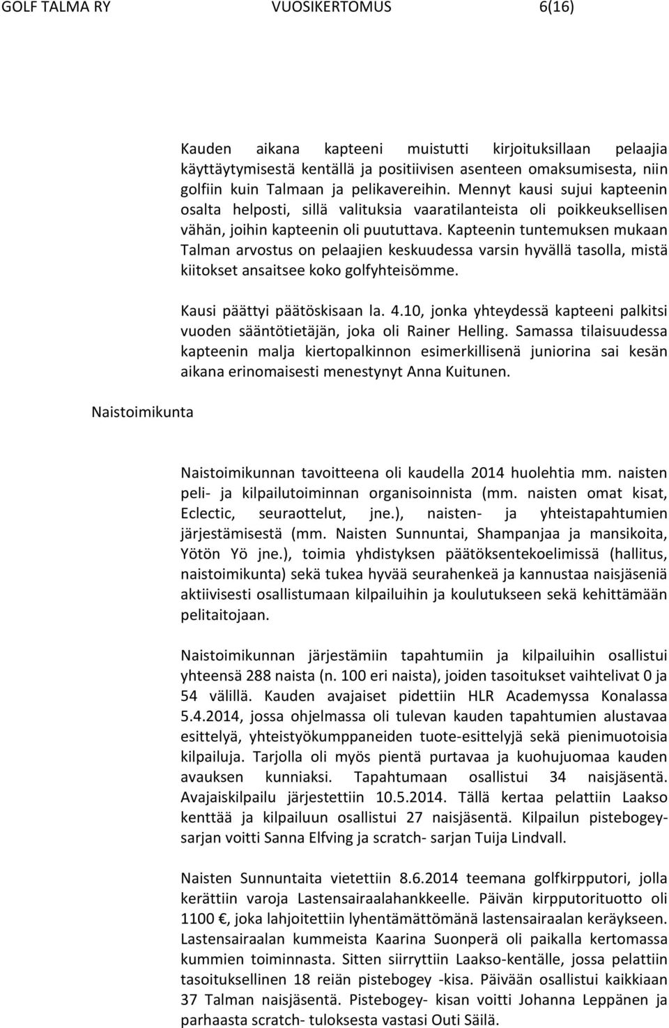 Kapteenin tuntemuksen mukaan Talman arvostus on pelaajien keskuudessa varsin hyvällä tasolla, mistä kiitokset ansaitsee koko golfyhteisömme. Kausi päättyi päätöskisaan la. 4.