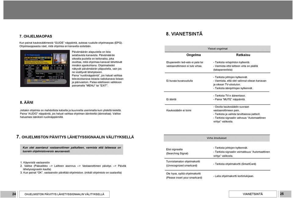 Ohjelmatiedot näkyvät päivämäärän yläpuolella, vain jos ne sisältyvät lähetykseen. Paina nuottinäppäintä, jos haluat vaihtaa televisiokanava listasta radiokanava listaan ja päinvastoin.