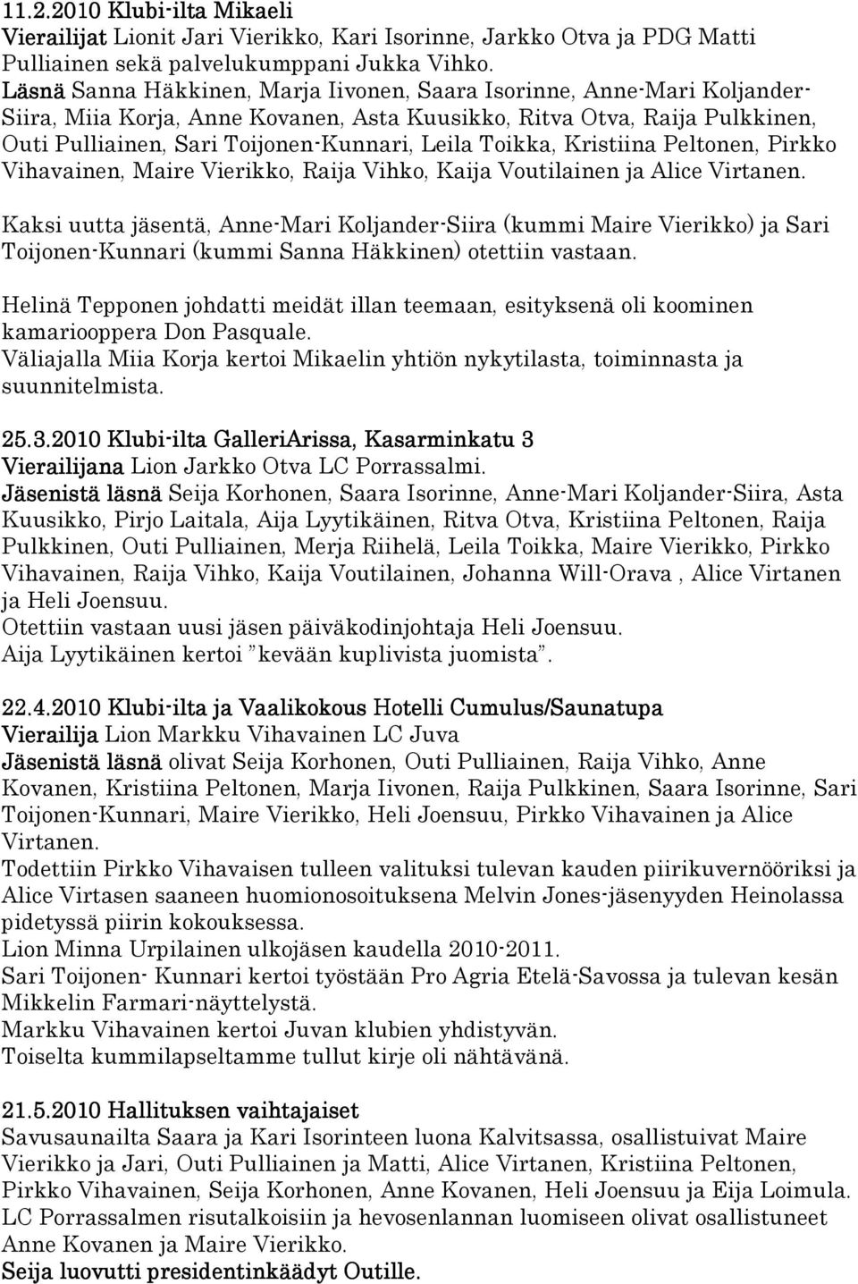 Toikka, Kristiina Peltonen, Pirkko Vihavainen, Maire Vierikko, Raija Vihko, Kaija Voutilainen ja Alice Virtanen.