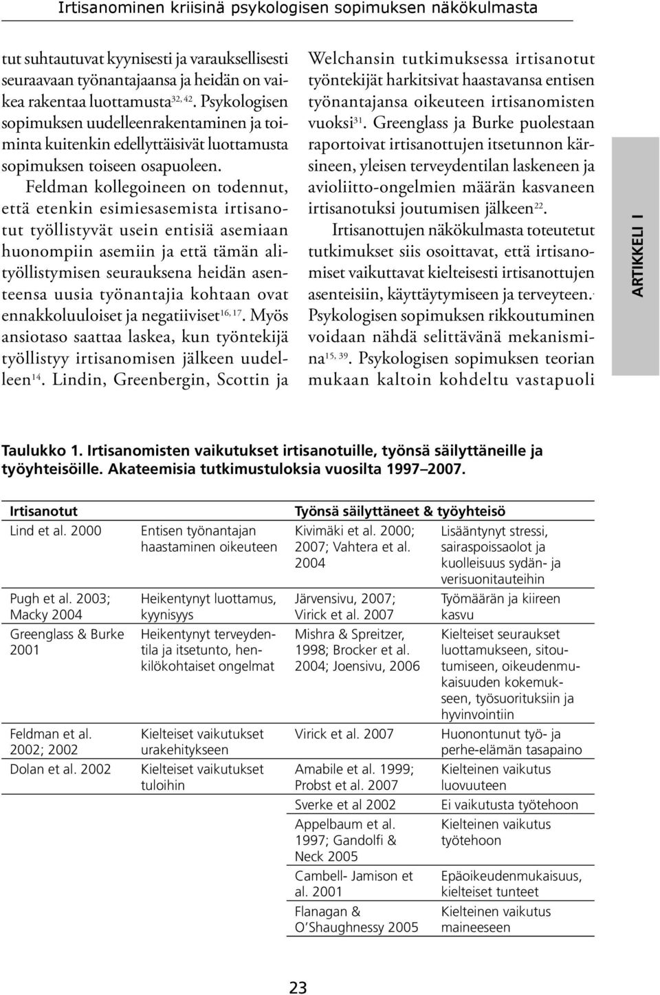 Feldman kollegoineen on todennut, että etenkin esimiesasemista irtisanotut työllistyvät usein entisiä asemiaan huonompiin asemiin ja että tämän alityöllistymisen seurauksena heidän asenteensa uusia