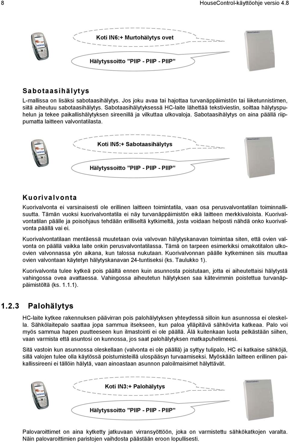 Sabotaasihälytyksessä HC-laite lähettää tekstiviestin, soittaa hälytyspuhelun ja tekee paikallishälytyksen sireenillä ja vilkuttaa ulkovaloja.