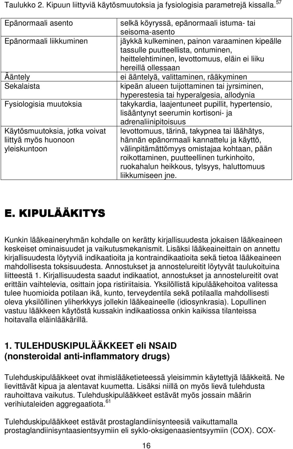 seisoma-asento jäykkä kulkeminen, painon varaaminen kipeälle tassulle puutteellista, ontuminen, heittelehtiminen, levottomuus, eläin ei liiku hereillä ollessaan ei ääntelyä, valittaminen, rääkyminen