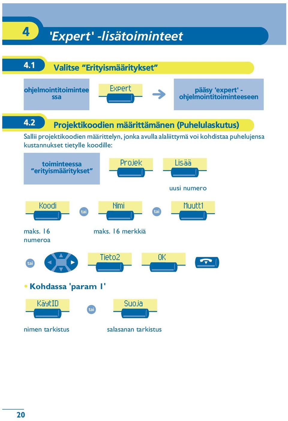 2 Projektikoodien määrittämänen (Puhelulaskutus) Sallii projektikoodien määrittelyn, jonka avulla alaliittymä voi kohdistaa