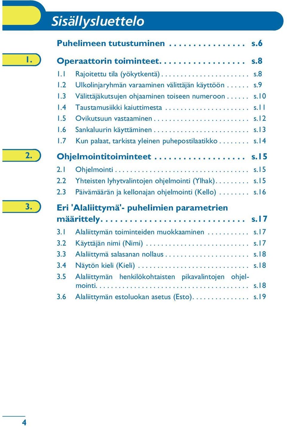 6 Sankaluurin käyttäminen......................... s.13 1.7 Kun palaat, tarkista yleinen puhepostilaatikko........ s.14 2. Ohjelmointitoiminteet................... s.15 2.