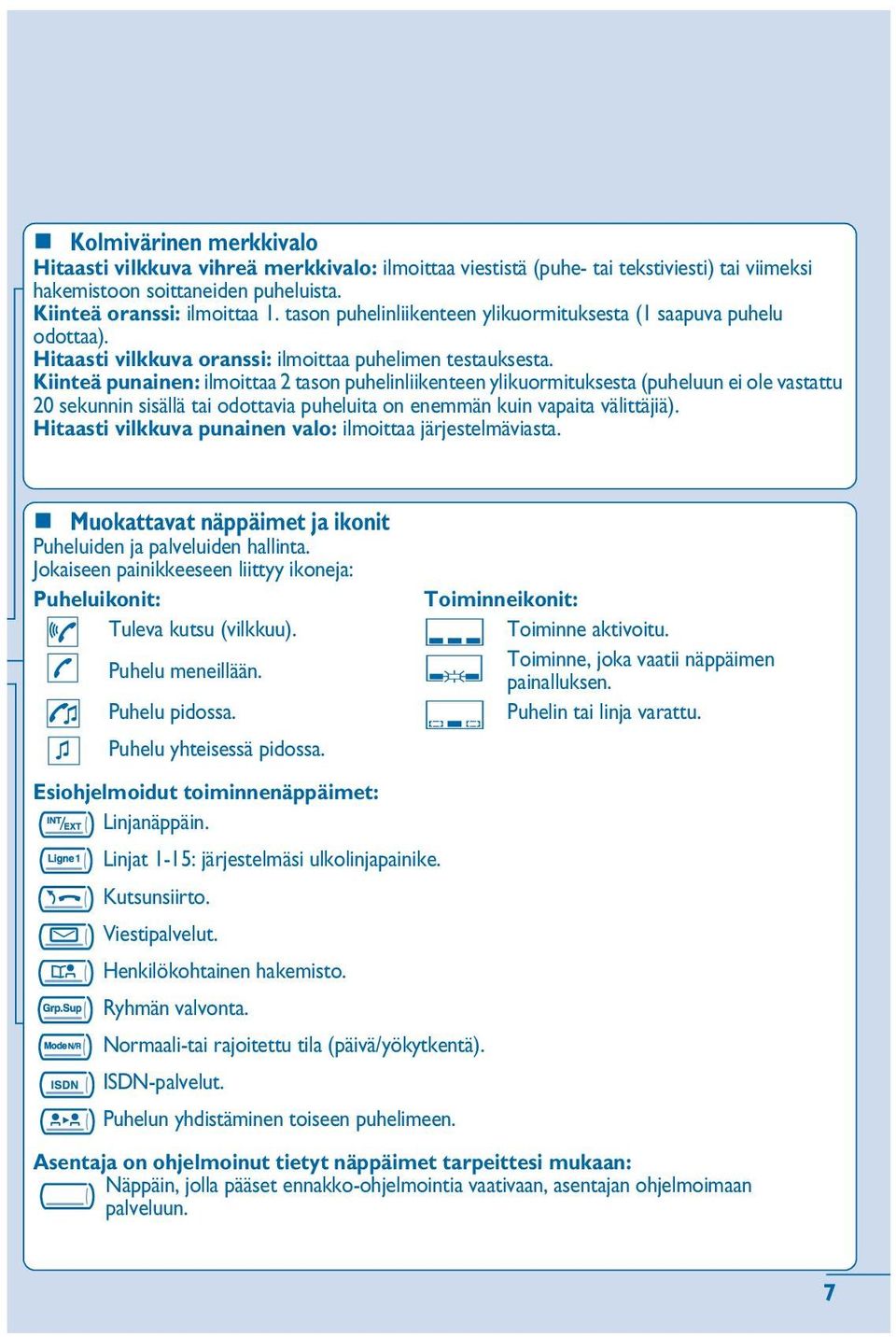 Kiinteä punainen: ilmoittaa 2 tason puhelinliikenteen ylikuormituksesta (puheluun ei ole vastattu 20 sekunnin sisällä odottavia puheluita on enemmän kuin vapaita välittäjiä).