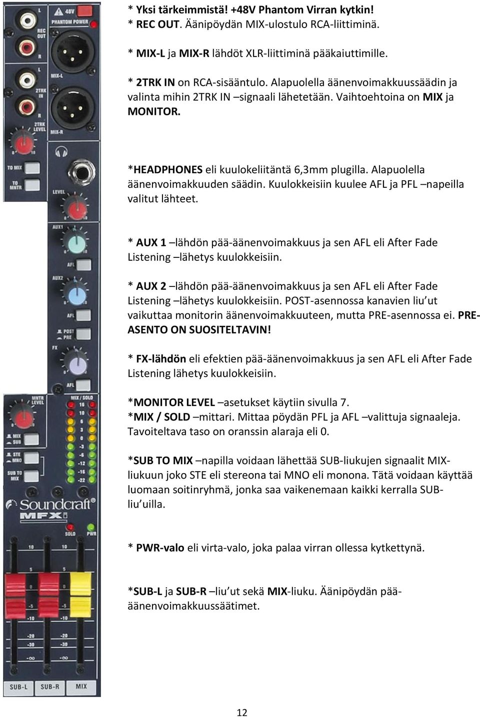 Kuulokkeisiin kuulee AFL ja PFL napeilla valitut lähteet. * AUX 1 lähdön pää-äänenvoimakkuus ja sen AFL eli After Fade Listening lähetys kuulokkeisiin.