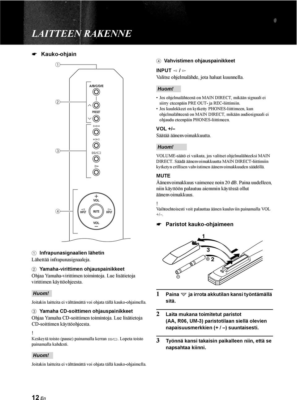 Jos kuulokkeet on kytketty PHONES-liittimeen, kun ohjelmalähteenä on MAIN DIRECT, mikään audiosignaali ei ohjaudu eteenpäin PHONES-liittimeen. VOL +/ Säätää äänenvoimakkuutta. 3 Huom!