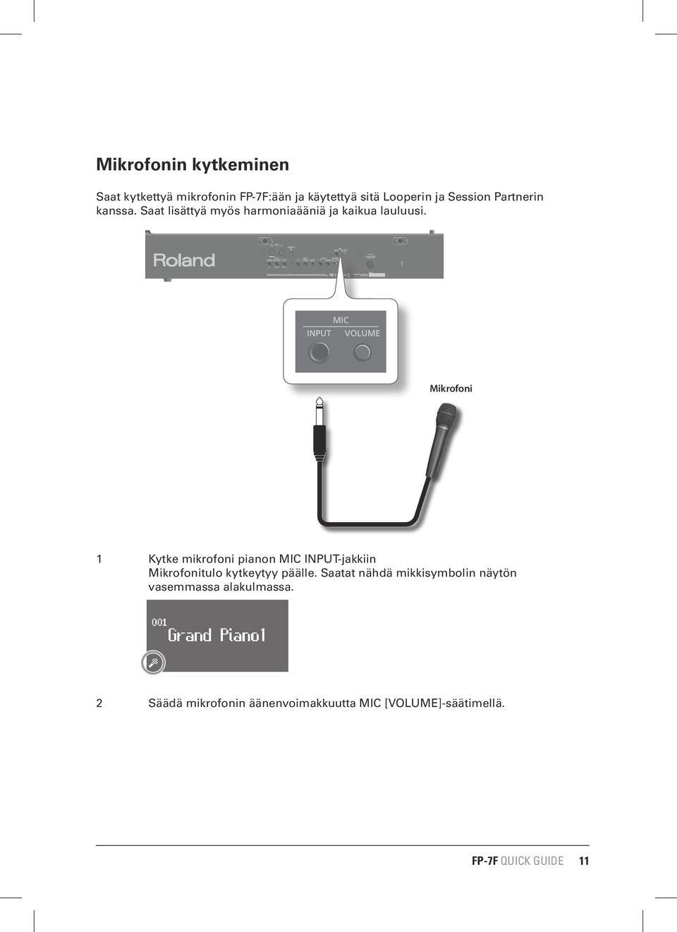 Mikrofoni 1 Kytke mikrofoni pianon MIC INPUT-jakkiin Mikrofonitulo kytkeytyy päälle.