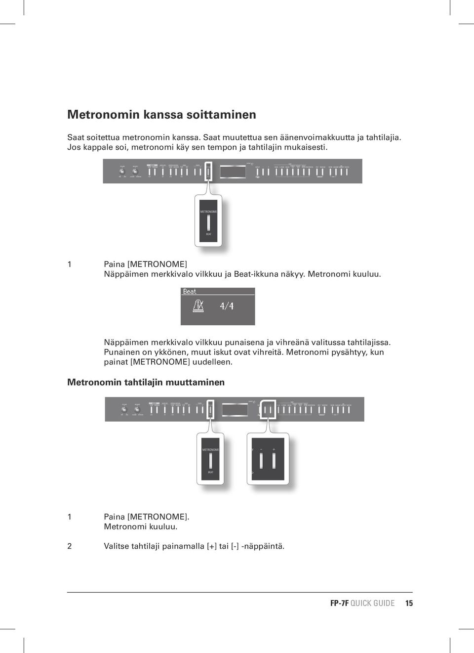 Metronomi kuuluu. Näppäimen merkkivalo vilkkuu punaisena ja vihreänä valitussa tahtilajissa. Punainen on ykkönen, muut iskut ovat vihreitä.