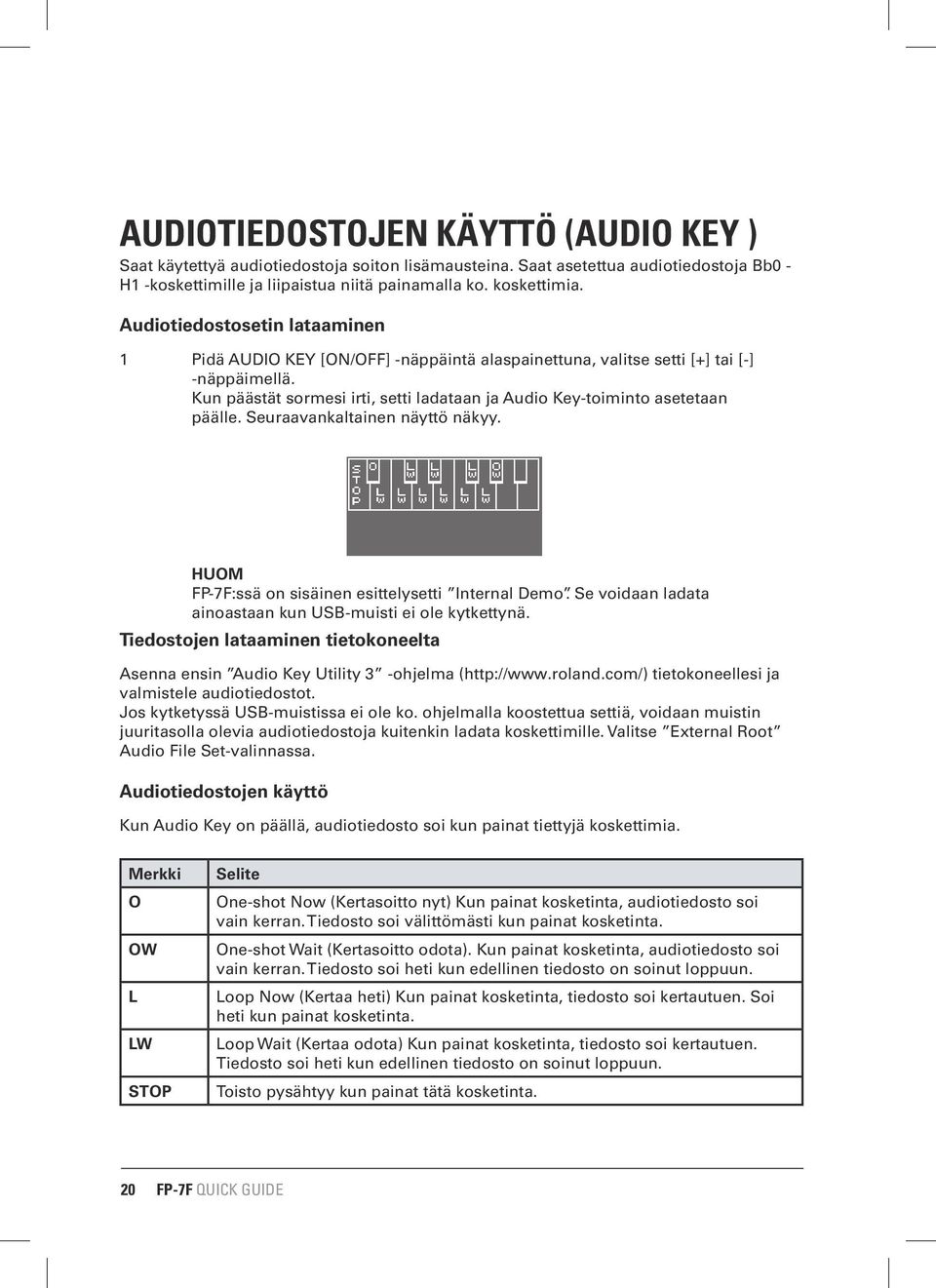 Kun päästät sormesi irti, setti ladataan ja Audio Key-toiminto asetetaan päälle. Seuraavankaltainen näyttö näkyy. HUOM FP-7F:ssä on sisäinen esittelysetti Internal Demo.