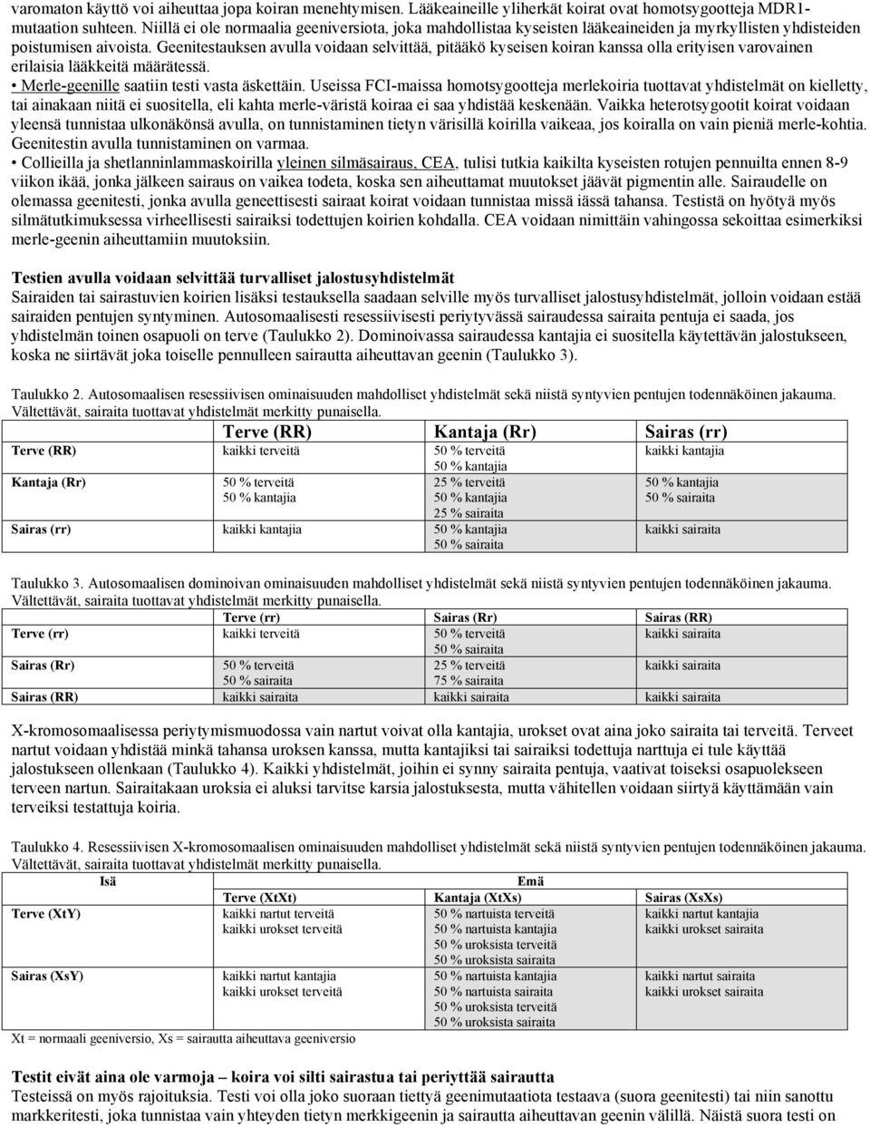 Geenitestauksen avulla voidaan selvittää, pitääkö kyseisen koiran kanssa olla erityisen varovainen erilaisia lääkkeitä määrätessä. Merle-geenille saatiin testi vasta äskettäin.