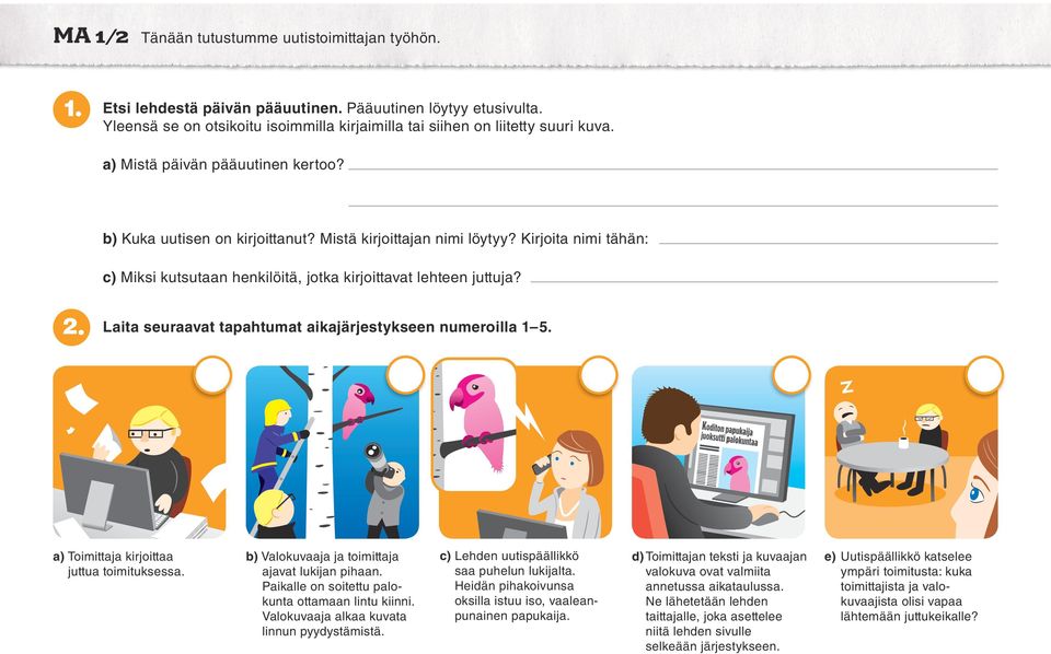 Laita seuraavat tapahtumat aikajärjestykseen numeroilla 1 5. a) Toimittaja kirjoittaa juttua toimituksessa. b) Valokuvaaja ja toimittaja ajavat lukijan pihaan.