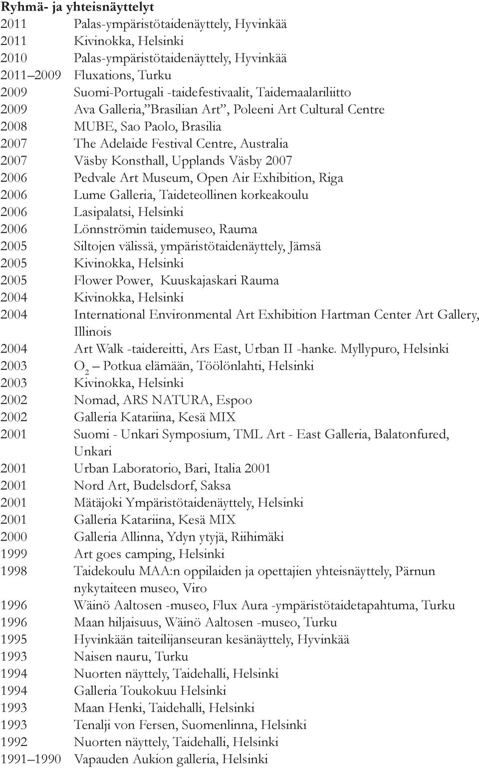 Upplands Väsby 2007 2006 Pedvale Art Museum, Open Air Exhibition, Riga 2006 Lume Galleria, Taideteollinen korkeakoulu 2006 Lasipalatsi, Helsinki 2006 Lönnströmin taidemuseo, Rauma 2005 Siltojen