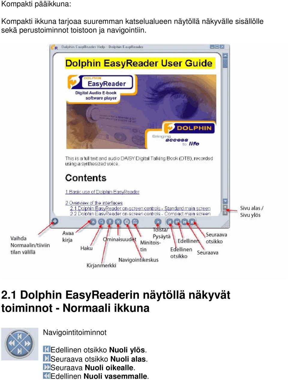 1 Dolphin EasyReaderin näytöllä näkyvät toiminnot - Normaali ikkuna