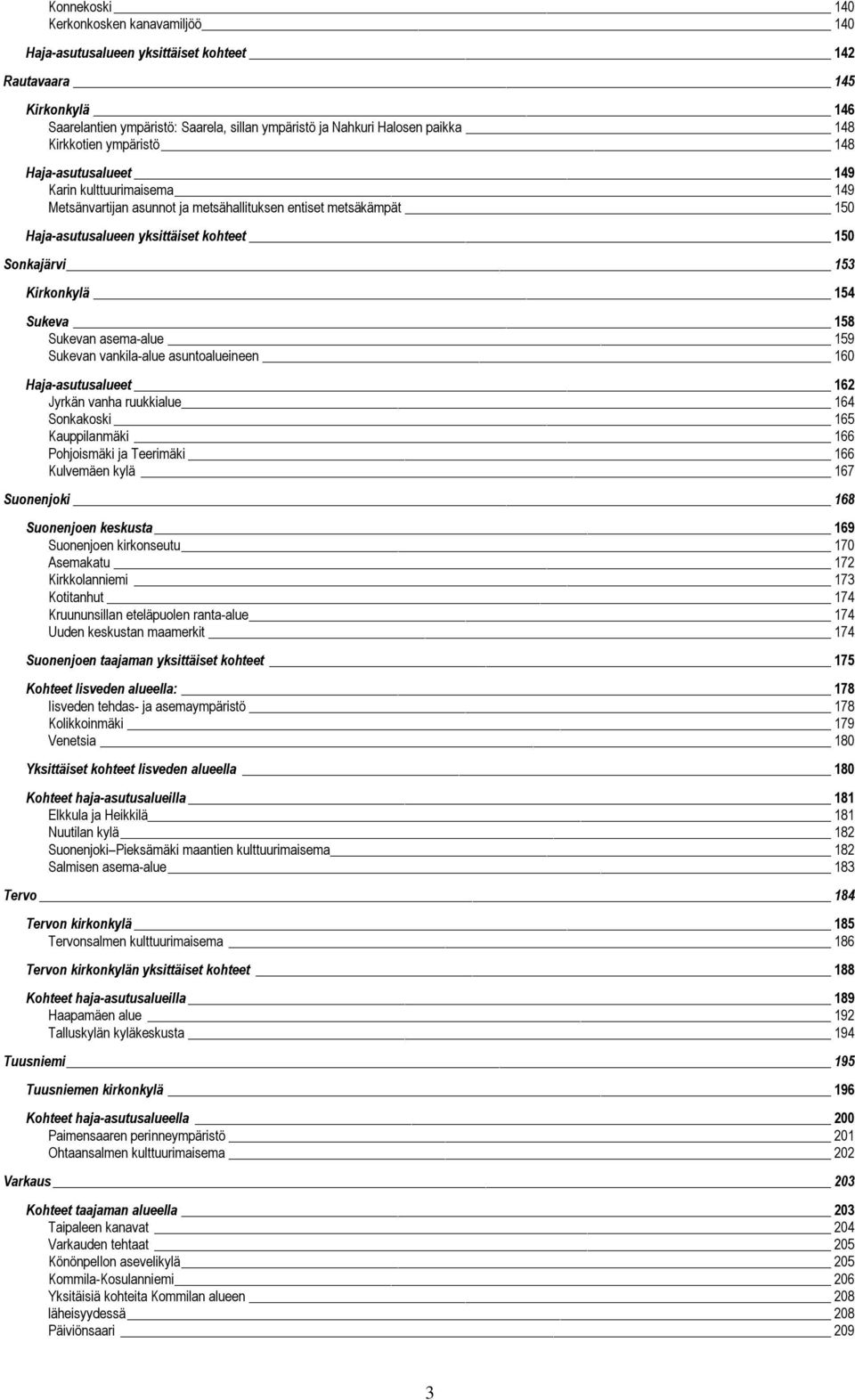 Kirkonkylä 154 Sukeva 158 Sukevan asema-alue 159 Sukevan vankila-alue asuntoalueineen 160 Haja-asutusalueet 162 Jyrkän vanha ruukkialue 164 Sonkakoski 165 Kauppilanmäki 166 Pohjoismäki ja Teerimäki