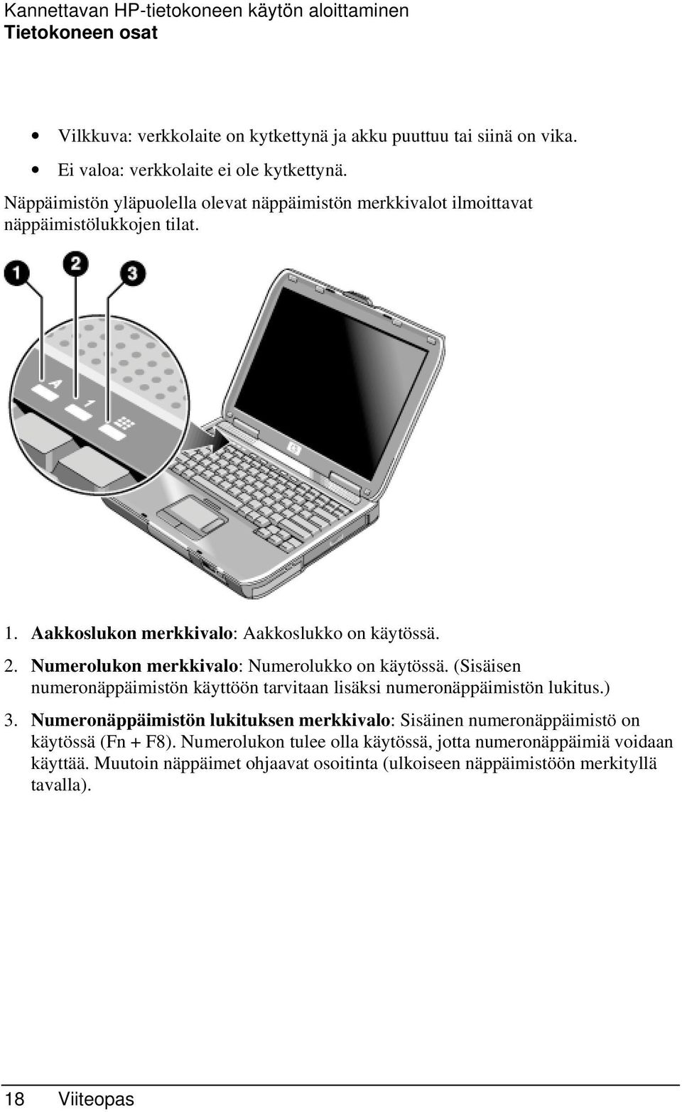 Numerolukon merkkivalo: Numerolukko on käytössä. (Sisäisen numeronäppäimistön käyttöön tarvitaan lisäksi numeronäppäimistön lukitus.) 3.