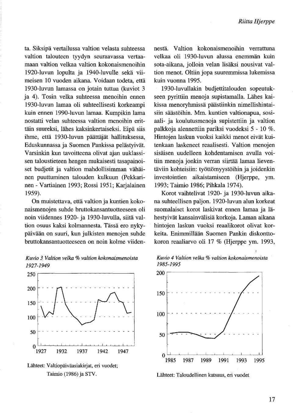 aikana. Voidaan todeta, että 1930-luvun lamassa on jotain tuttua (kuviot 3 ja 4). Tosin velka suhteessa menoihin ennen 1930-luvun lamaa oli suhteellisesti korkeampi kuin ennen 1990-luvun lamaa.