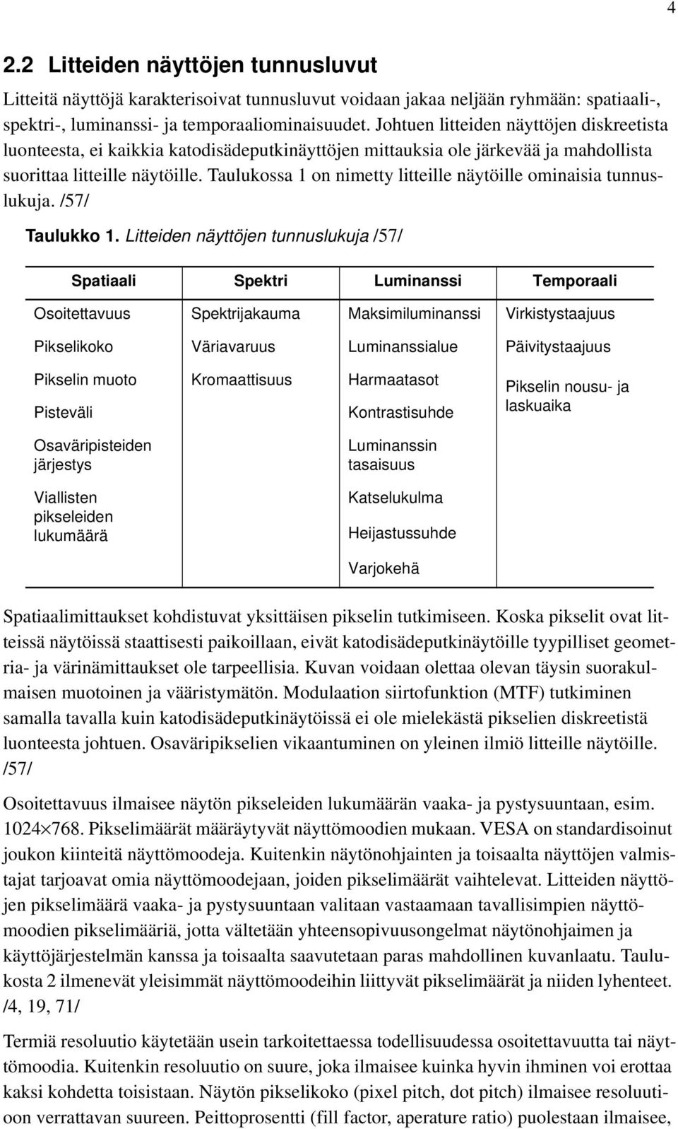 Taulukossa 1 on nimetty litteille näytöille ominaisia tunnuslukuja. /57/ Taulukko 1.