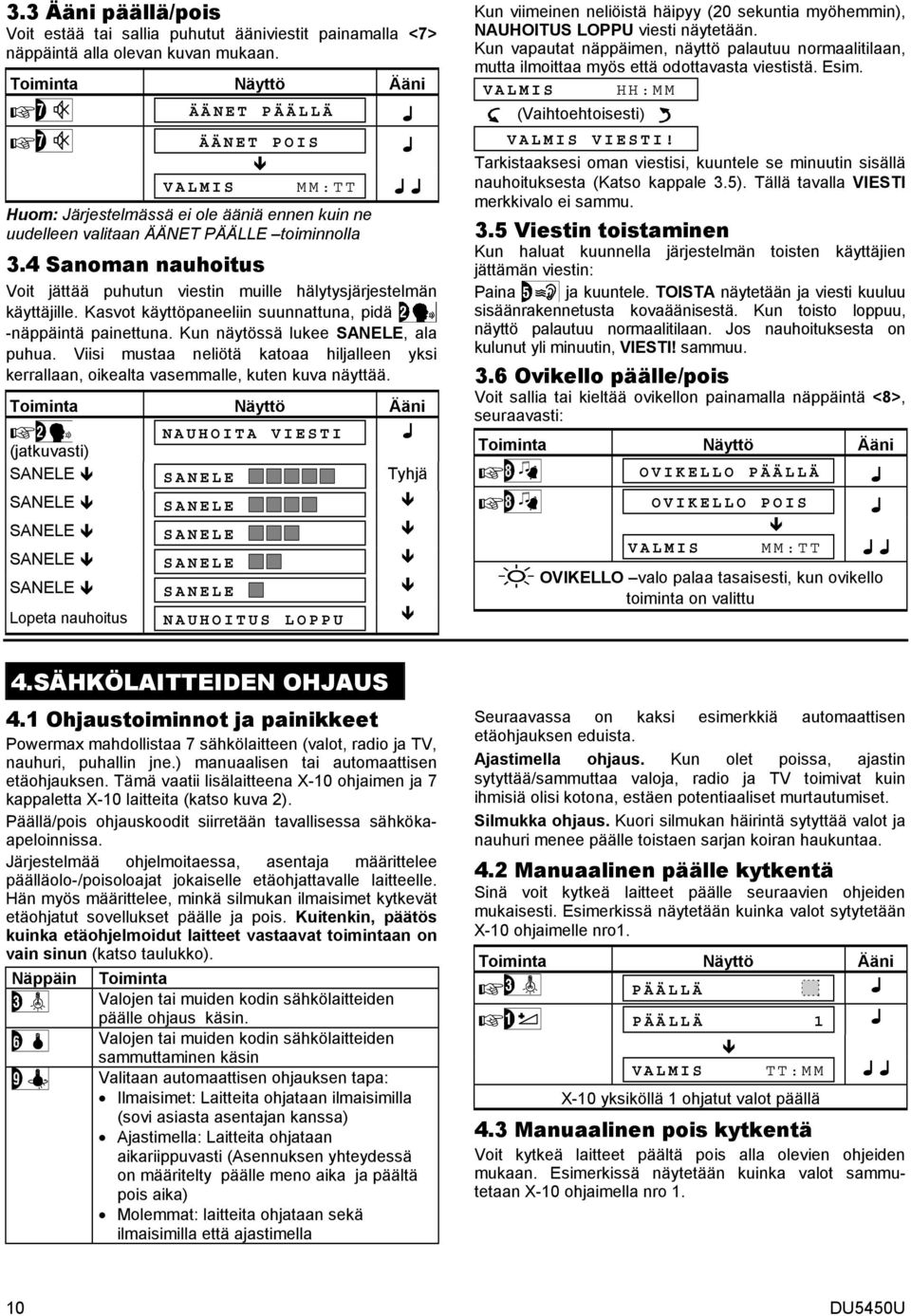 4 Sanoman nauhoitus Voit jättää puhutun viestin muille hälytysjärjestelmän käyttäjille. Kasvot käyttöpaneeliin suunnattuna, pidä -näppäintä painettuna. Kun näytössä lukee SANELE, ala puhua.