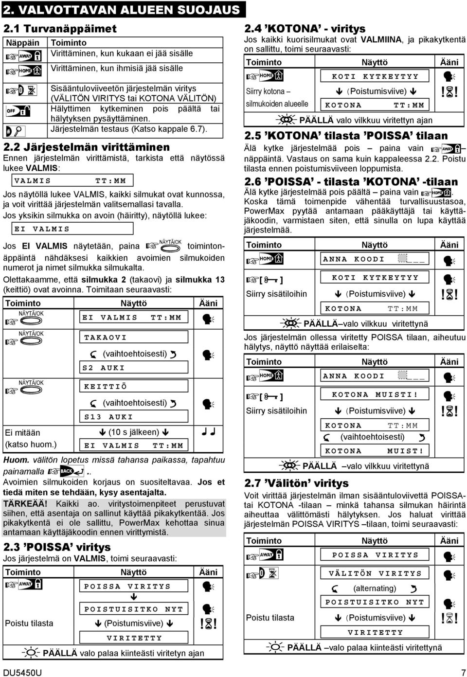 Hälyttimen kytkeminen pois päältä tai hälytyksen pysäyttäminen. Järjestelmän testaus (Katso kappale 6.7). 2.